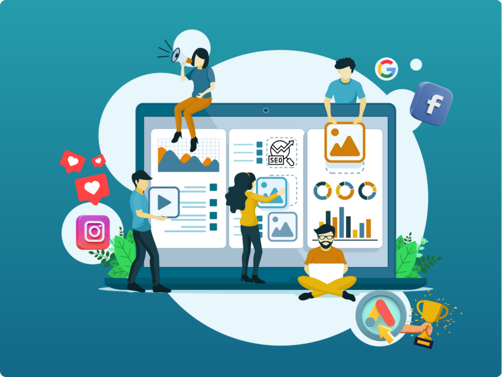 Digitales Marketing-Team arbeitet an Content-Erstellung mit Social Media, SEO, Google Ads und Datenanalyse auf Laptop.