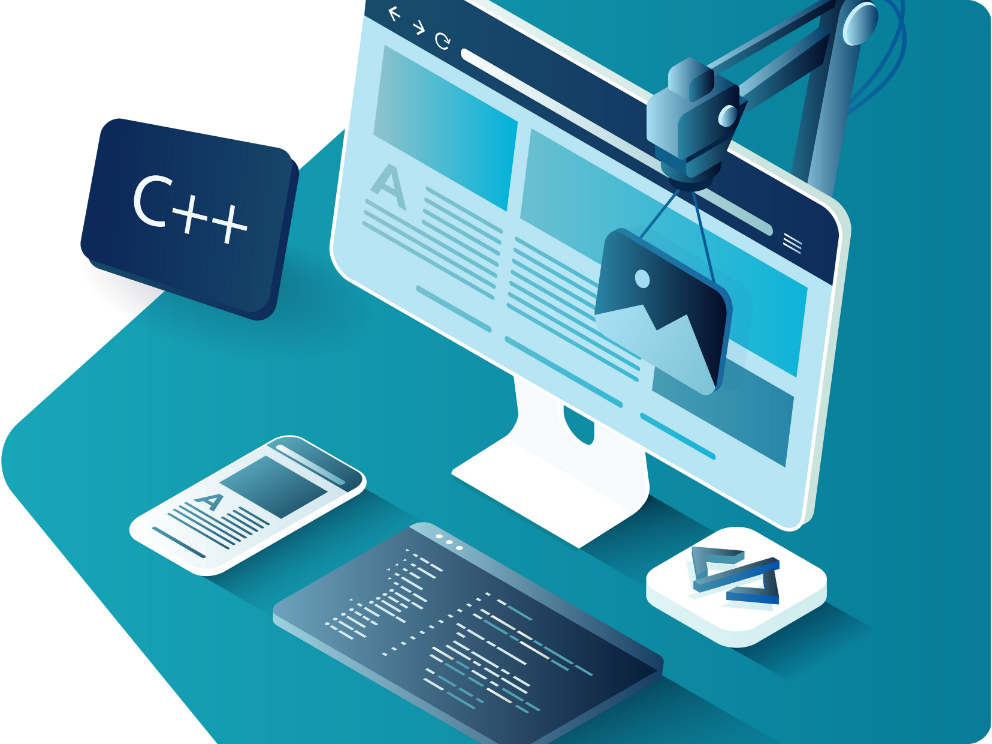 Moderne isometrische Grafik zu Webdesign und Webentwicklung: Desktop mit Website-Editor, Code-Ansicht, mobilem Layout, C++-Symbol und Entwicklungswerkzeugen – Darstellung responsiver Frontend- und Backend-Entwicklung.